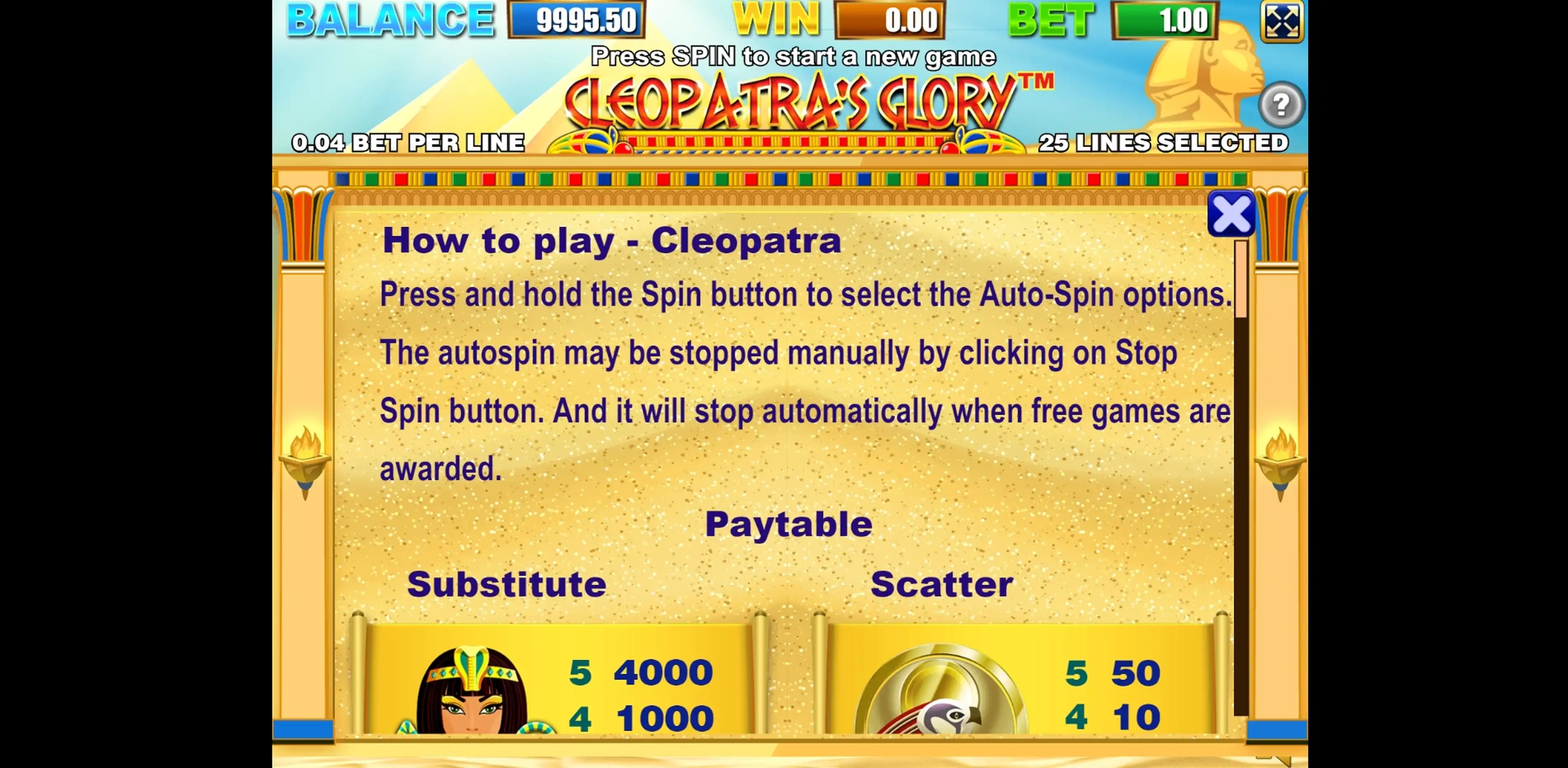 Info of Cleopatras Glory Slot Game by Allbet Gaming