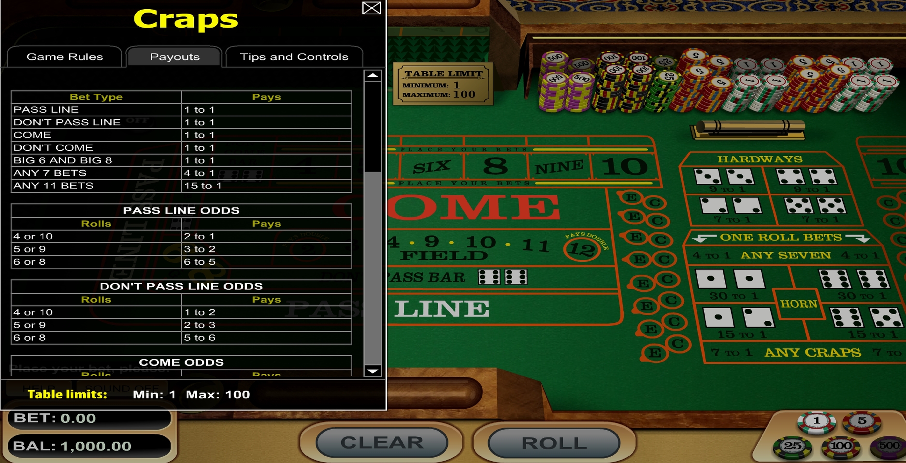 Info of Craps Slot Game by Betsoft