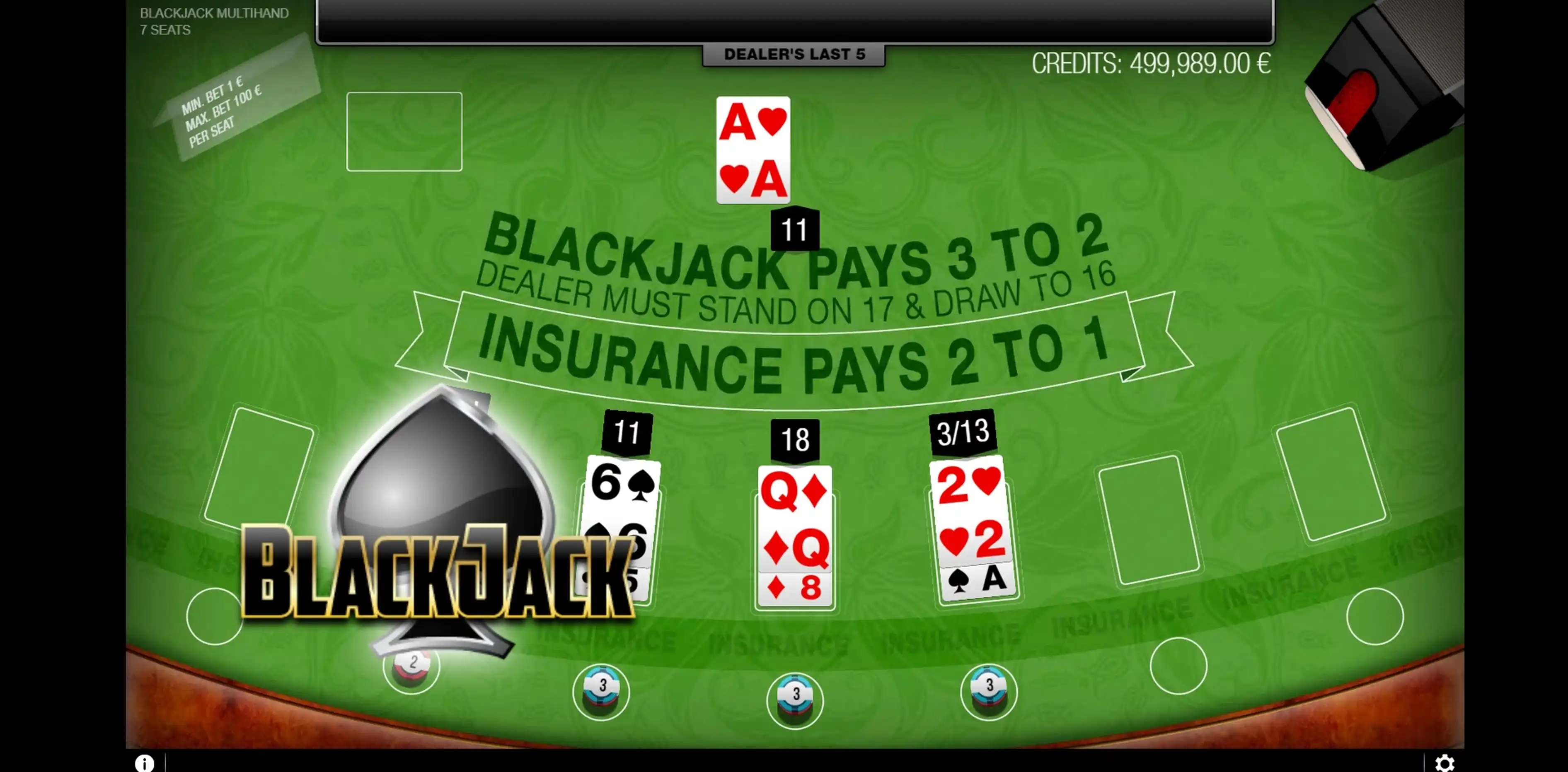 Win Money in Blackjack Multihand 7 Seats Free Slot Game by GAMING1