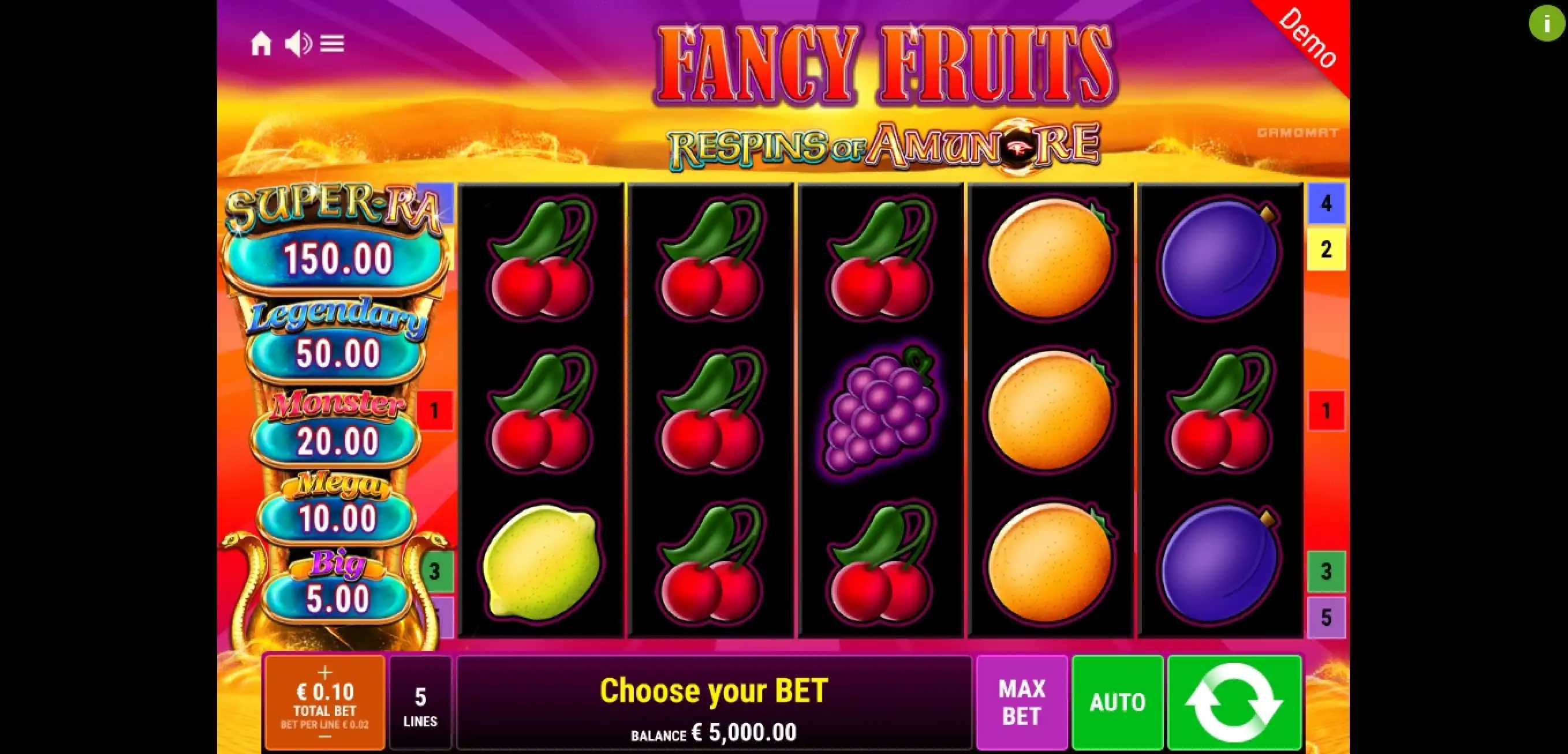 Reels in Fancy Fruits Respins Of Amun-Re Slot Game by Gamomat