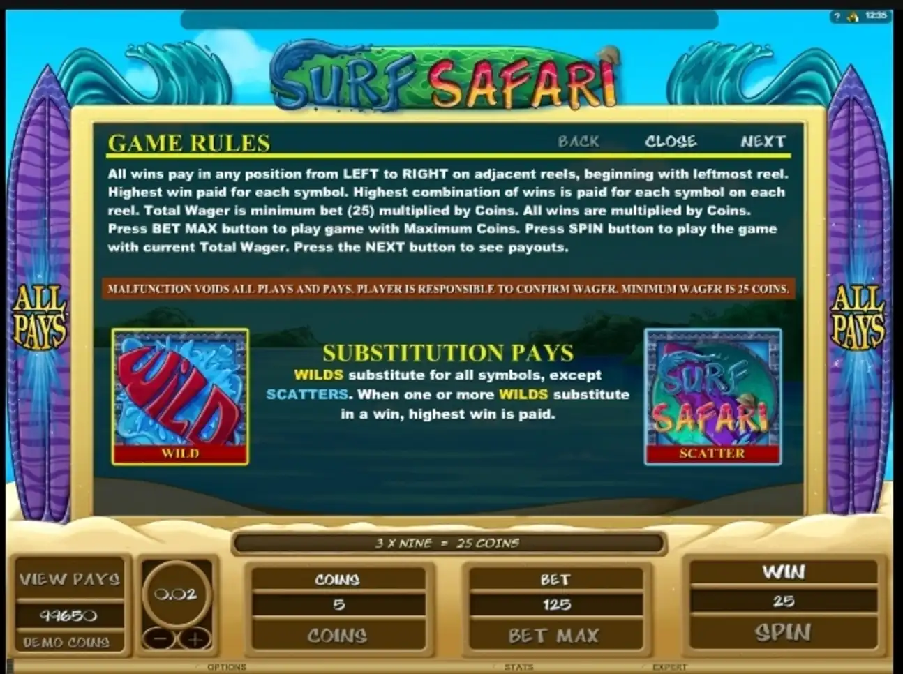 Info of Surf Safari Slot Game by Microgaming