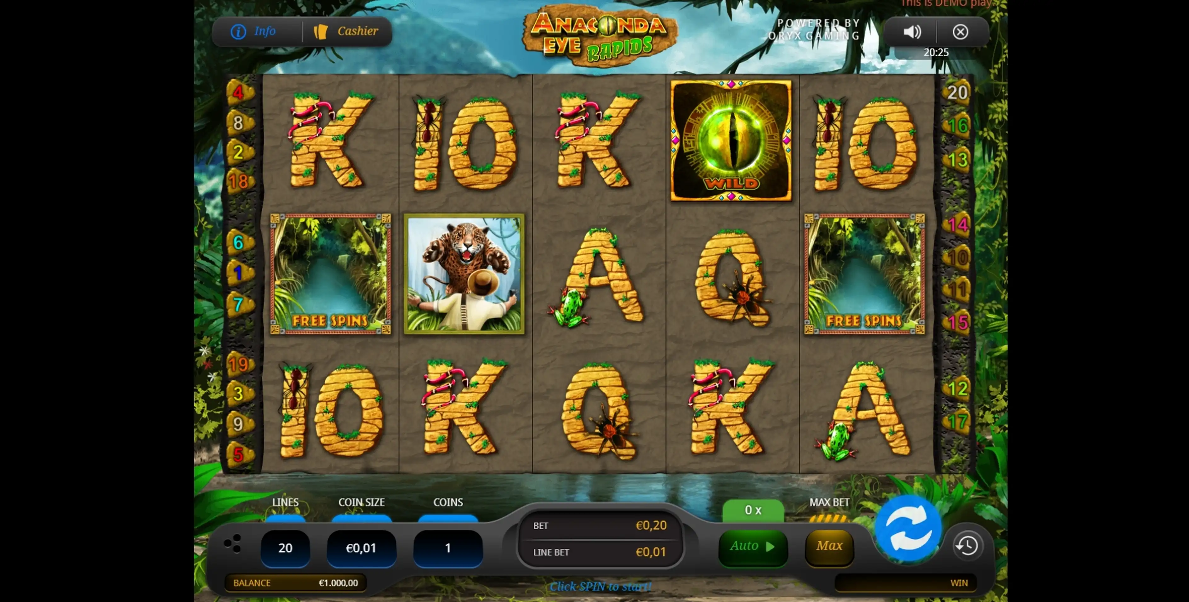 Reels in Anaconda Eye Rapids Slot Game by Oryx Gaming